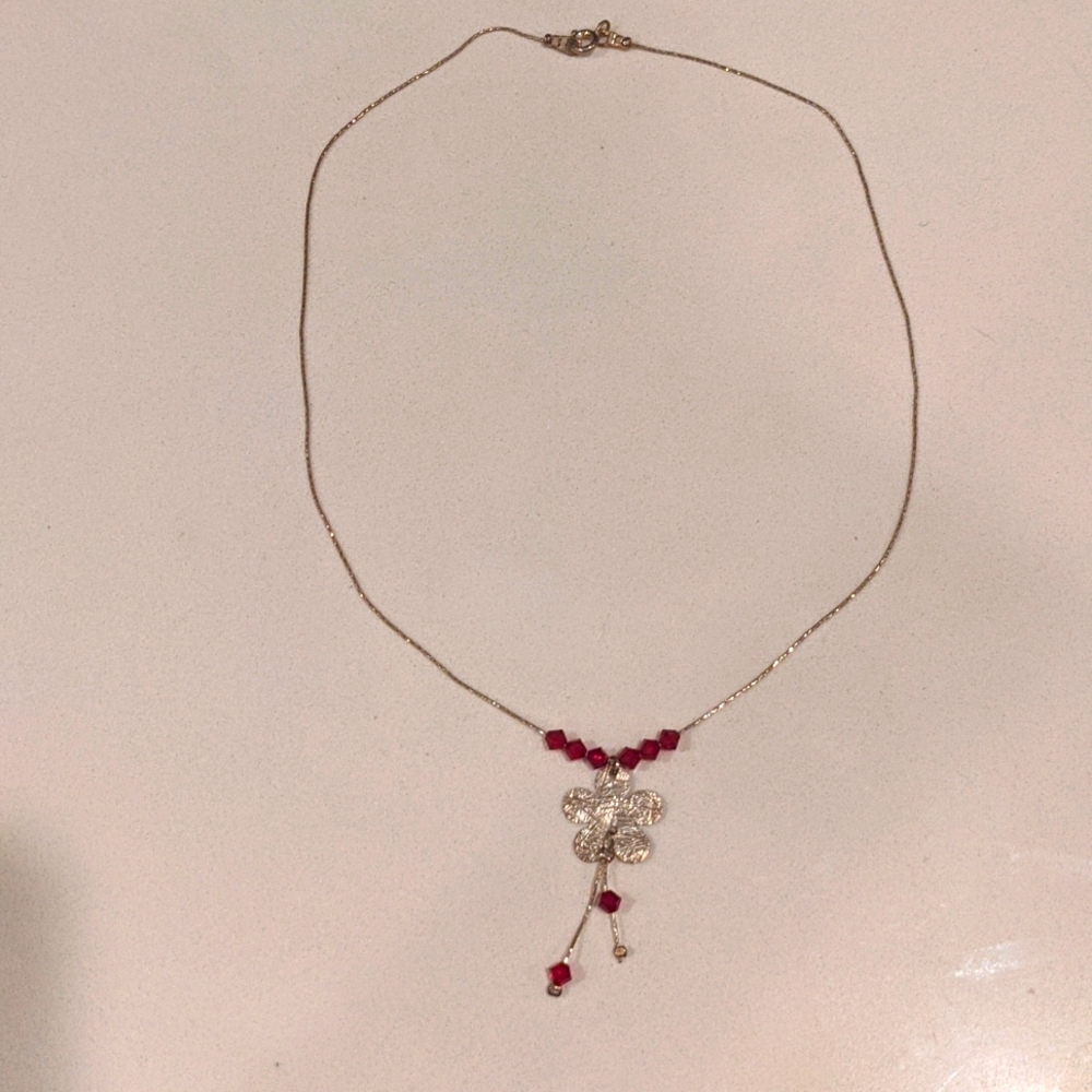 Sterling silver etched flower and pomegr crystals necklace